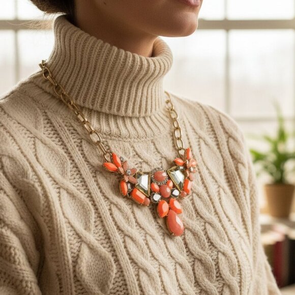 J. Crew Gold and Orange Necklace with Statement Design - Picture 1 of 5